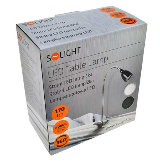 Solight LED stolná lampička, 2,5W, 3000K, clip, čierna farba 