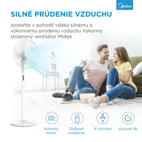 MIDEA Stojanový ventilátor FS40-18BR, 48W, 40cm, 8 rýchlostí, casovac, Dialkove,  LEDdisplej, 41mł/min, 38-65 dB 