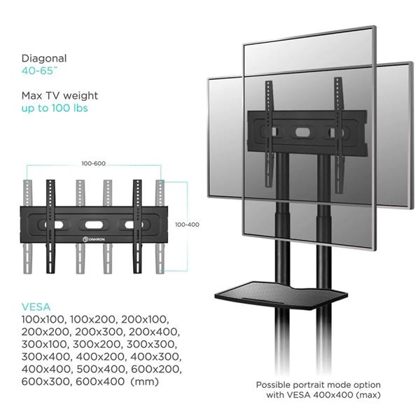 ONKRON mobilný TV stojan s 1 policou pre 32" - 65" do 50 kg, čiernyVESA: 100x100 - 600x400" 