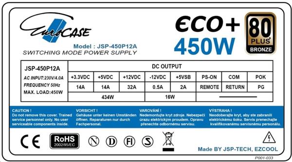 Zdroj Eurocase Eco+ 450W, 80PLUS BRONZE, 12cm ventilátor, bulk 