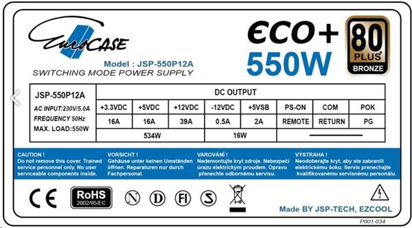 Zdroj Eurocase Eco+ 550W, 80PLUS BRONZE, 12cm ventilátor, bulk 
