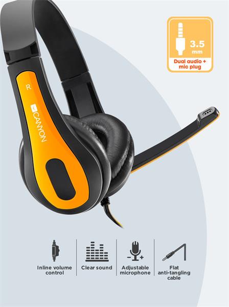 Canyon HSC-1, PC Headset, slúchadla s mikrofónom, 1 x 3.5mm jack komb., ovládanie na kábli, 2 m, čierno-žlté 