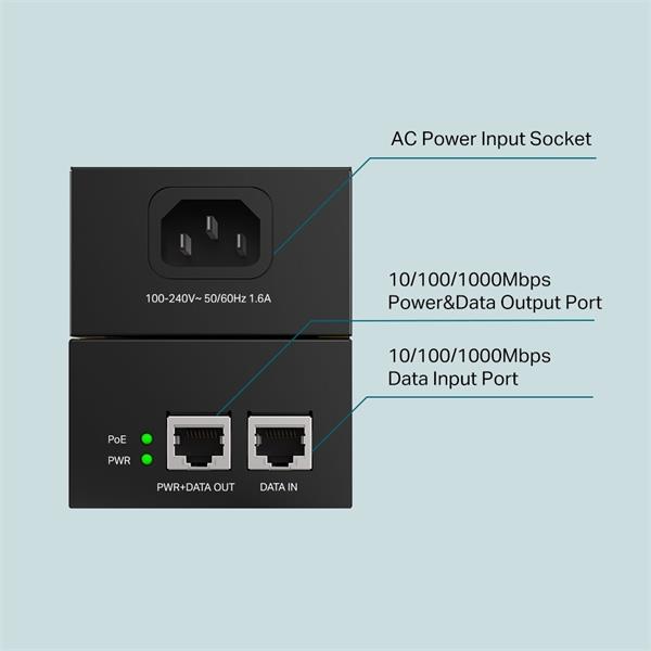 Omada PoE++ Injector Adapter PORT: 1× Gigabit PoE Port, 1× Gigabit Non-PoE Port SPEC: 802.3bt/at/af Compliant, 60 W PoE  