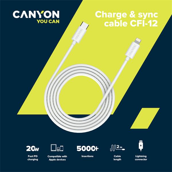 Canyon CFI-12, 2m kábel Lightning/USB-C, bez Apple certifikácie MFi, biely 