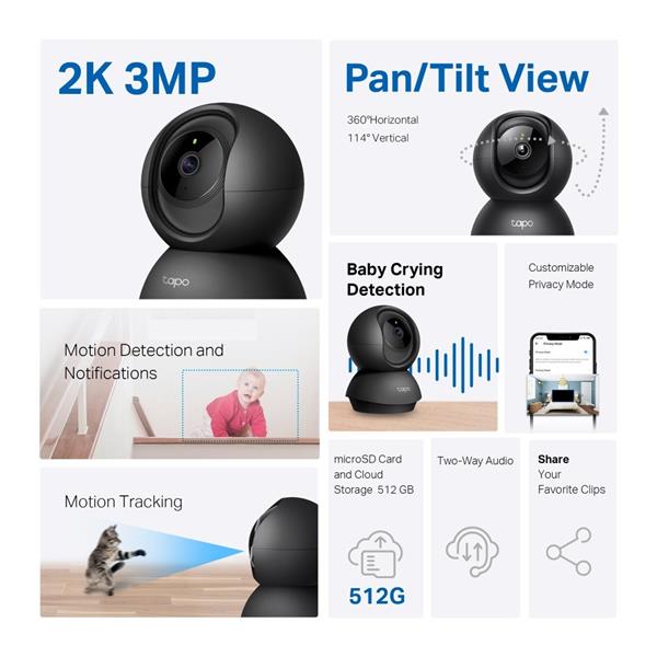 TP-LINK "Pan/Tilt Home Security Wi-Fi CameraSPEC:2K (2304x1296), 2.4 GHz, Horizontal 360? FEATURE: Pan/Tilt, Smart AI  