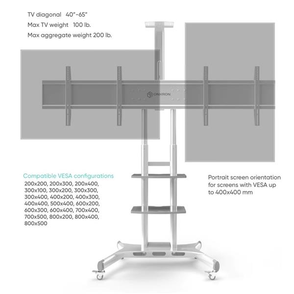 ONKRON DUAL TV mobilný stojan pre 2 ks 40-65" s policami, výškovo nastaviteľný, biely / 2 balenia 