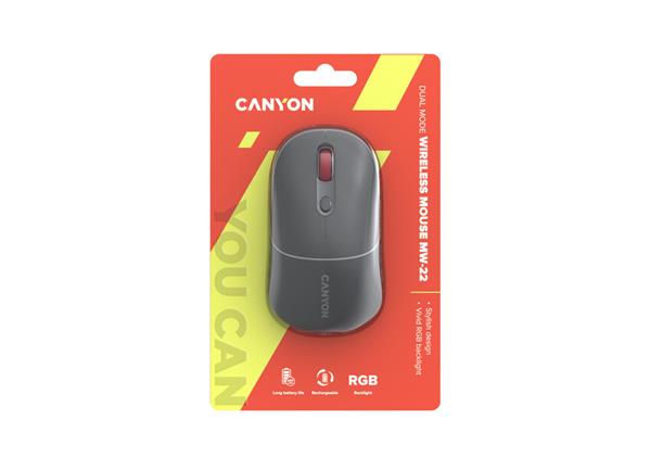 Canyon MW-22, 2v1 bezdrôtová optická myš Bluetooth / Wireless USB, 800/1200/1600 DPI, 4 tlač, šedá 