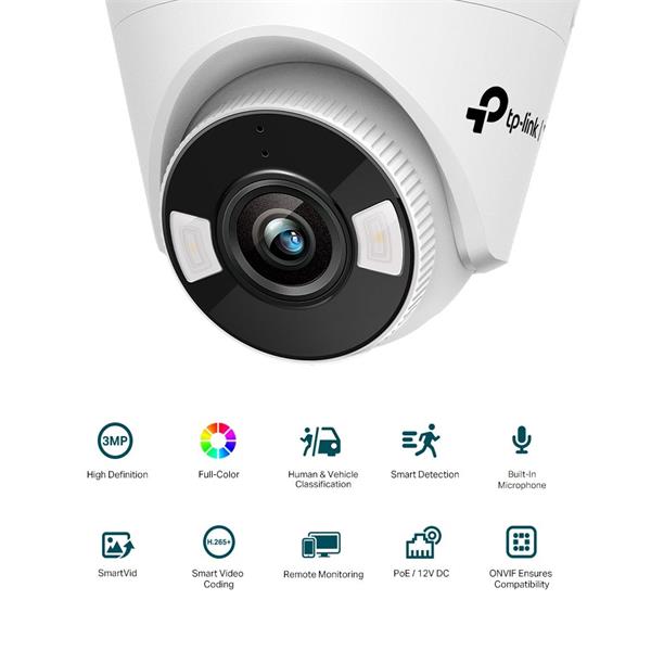 TP-LINK "3MP Full-Color Turret Network CameraSPEC:H.265+/H.265/H.264+/H.264, 1/2.8"" Progressive Scan CMOS, Color/0.005 