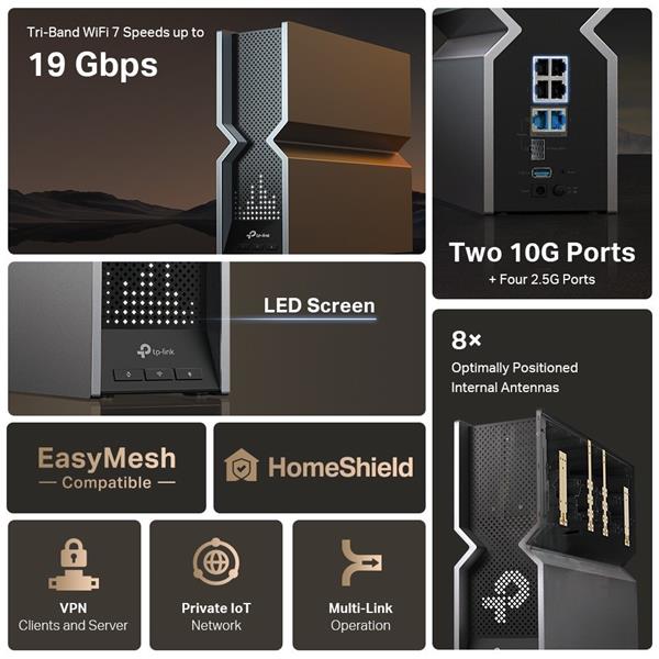 BE19000 Tri Band Wi-Fi 7 Router SPEED: 1376 Mbps at 2.4 GHz + 5760 Mbps at 5 GHz + 11520 Mbps at 6 GHz SPEC: 8× Internal 