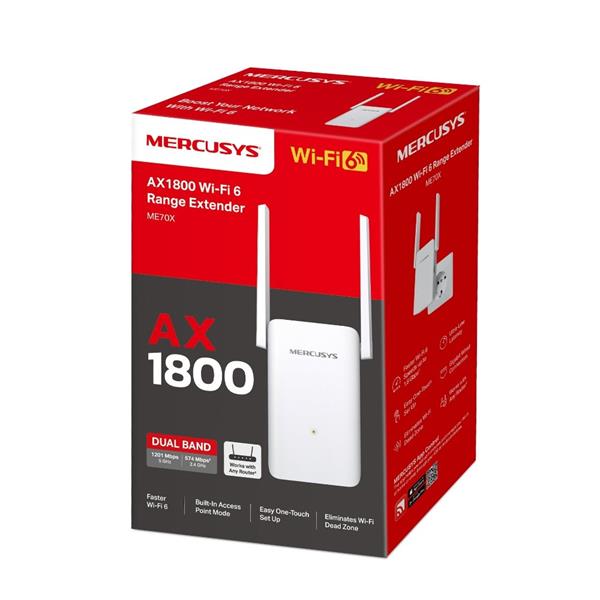 AX1800 Wi-Fi Range Extender  SPEED: 574 Mbps at 2.4 GHz + 1201 Mbps at 5 GHz SPEC: 2× Fixed External Antennas, 1 × Gigab 
