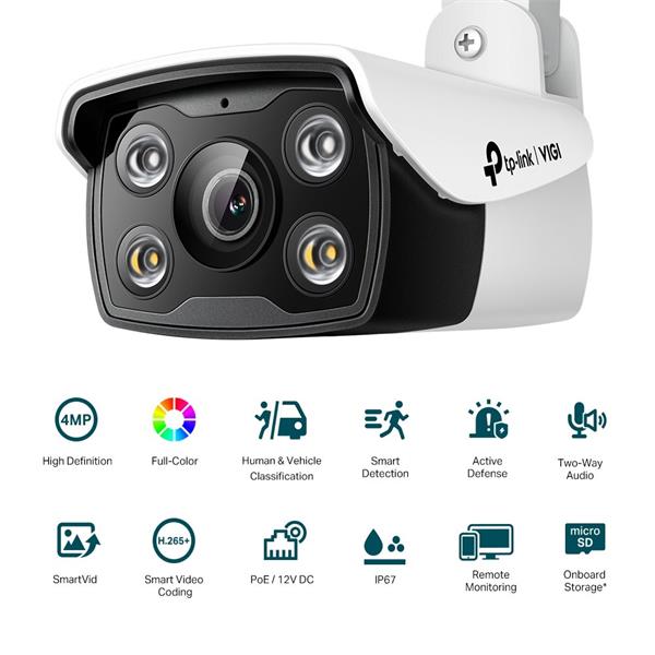 TP-LINK "4MP Outdoor Full-Color Bullet Network CameraSPEC: H.265+/H.265/H.264+/H.264, 1/3"" Progressive Scan CMOS, Colo 