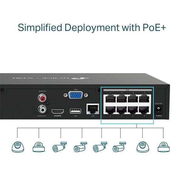 TP-LINK "8 Channel PoE+ Network Video RecorderSPEC: H.265+/H.265/H.264+/H.264, Up to 8MP resolution, Decoding capabilit 