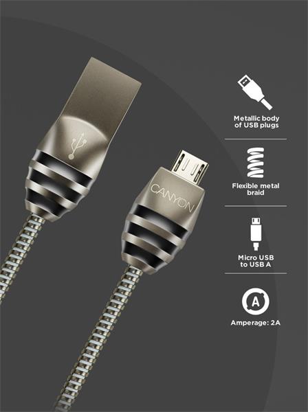 Canyon UM-5, 1m kábel micro-USB / USB 2.0, 5V/2A, priemer 3,5mm, metalicky opletený, tmavo-šedý 
