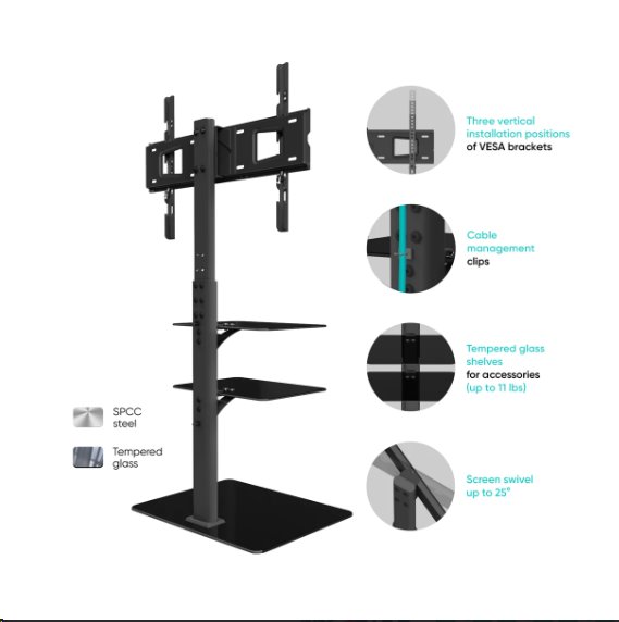 ONKRON Univerzálny podlahový TV stojan Sklenená základňa a police pre 32-65" TV do 30 kg, čierna VESA: 100x100 - 600x40 