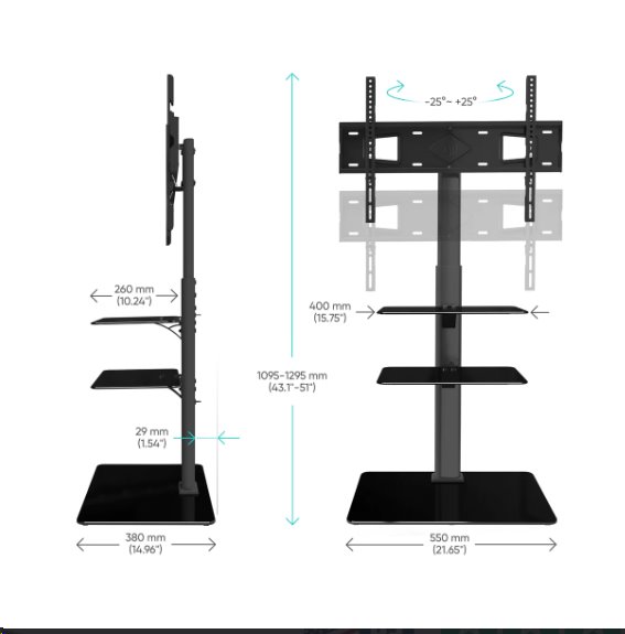 ONKRON Univerzálny podlahový TV stojan Sklenená základňa a police pre 32-65" TV do 30 kg, čierna VESA: 100x100 - 600x40 
