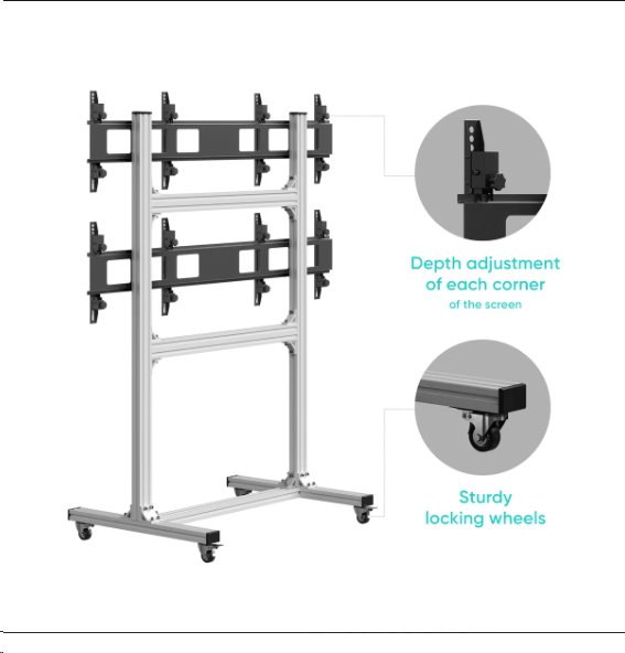 ONKRON voľne stojaci pohyblivý nástenný videostojan pre 4 obrazovky 40"-50" do 49,8 kg, strieborný 