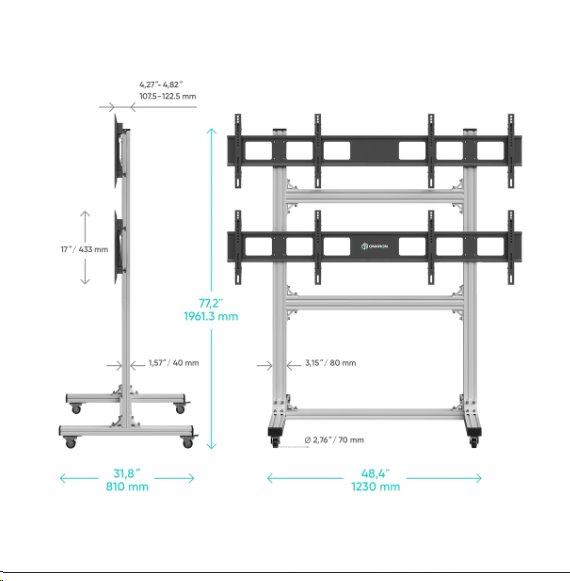 ONKRON voľne stojaci pohyblivý nástenný videostojan pre 4 obrazovky 40"-50" do 49,8 kg, strieborný 