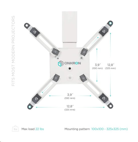 ONKRON Nastaviteľný stropný/nástenny držiak na projektor do 10 kg, biely 
