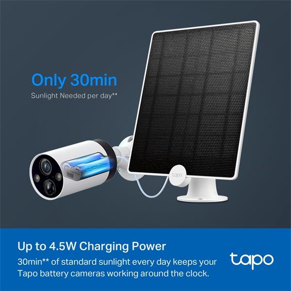 TP-LINK "Tapo Solar PanelSPEC: 5.2V 4.5WFEATURE: Non-Stop Power, Works with Tapo Battery Camera, 4m Charging Cable, 36 