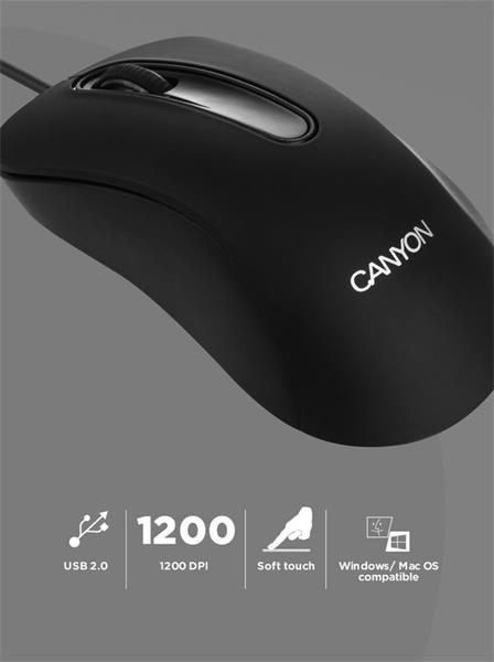 Canyon CM-2, asymetrická optická myš, pre pravákov, USB, 1200 dpi, 3 tlač, pogumovaný povrch, čierna 