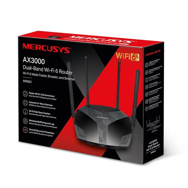 AX3000 Dual-Band Wi-Fi 6 Router SPEED: 574 Mbps at 2.4 GHz + 2402 Mbps at 5 GHz  SPEC:  4× Fixed External Antennas, 3× G 