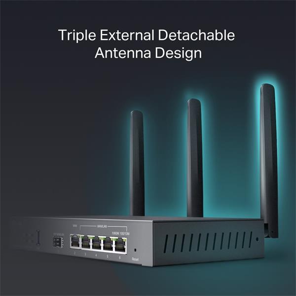 Omada AX3000 Wi-Fi 6 Gigabit VPN Router PORT: 1× Gigabit SFP WAN/LAN Port, 1× Gigabit RJ45 WAN Port, 4× Gigabit WAN/LAN  