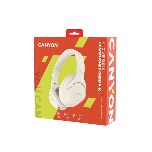 Canyon BTHS-10, OnRiff 10 Bluetooth bezdrôtové slúchadlá, ANC aktívne potláčanie hluku, USB-C nabíjanie, béžové 