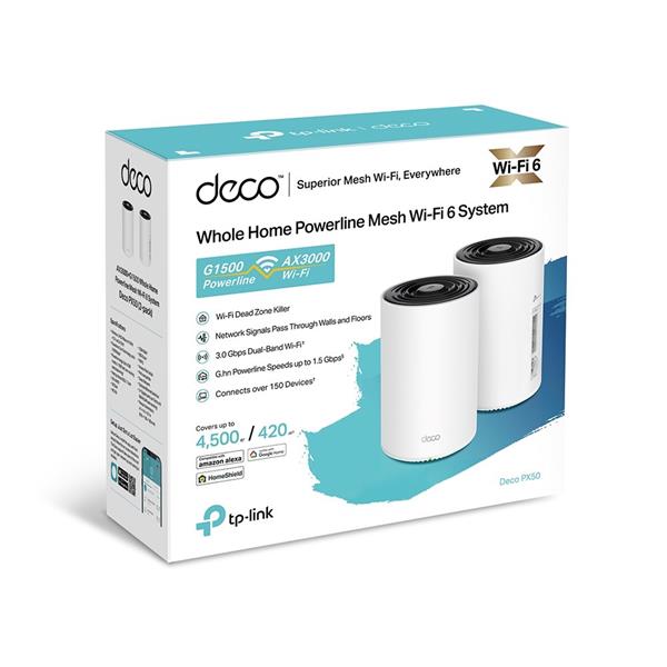 AX3000 + G1500 Whole Home Powerline Mesh Wi-Fi 6 System SPEED: 574 Mbps at 2.4 GHz + 2402 Mbps at 5 GHz + 1428 Mbps Powe 