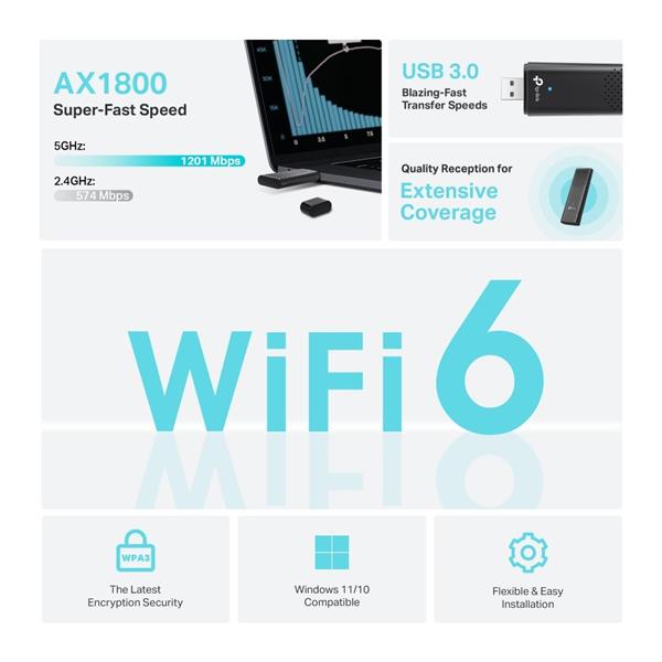 AX1800 Dual Band Wi-Fi 6 USB Adapter SPEED: 1201 Mbps at 5 GHz + 574 Mbps at 2.4 GHz SPEC: Internal Antennas, USB 3.0 FE 