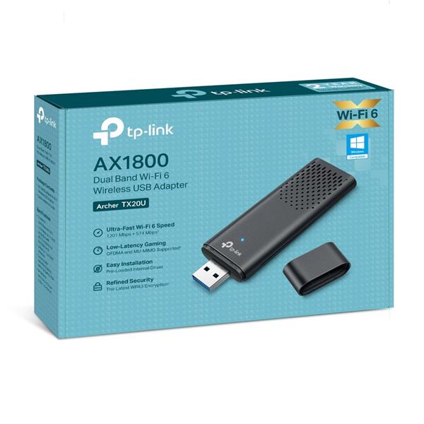 AX1800 Dual Band Wi-Fi 6 USB Adapter SPEED: 1201 Mbps at 5 GHz + 574 Mbps at 2.4 GHz SPEC: Internal Antennas, USB 3.0 FE 