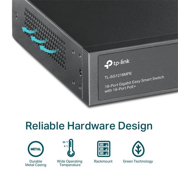 18-Port Gigabit Easy Smart Switch with 16-Port PoE+ PORT: 16× Gigabit PoE+ Ports, 2× Gigabit Non-PoE Ports, 2× Combo Gig 