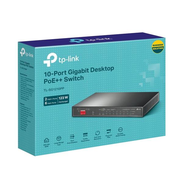 10-Port Gigabit Desktop Switch with 6-Port PoE+ and 2-Port PoE++
PORT: 2× Gigabit PoE++ Ports, 6× Gigabit PoE+ Ports, 2 