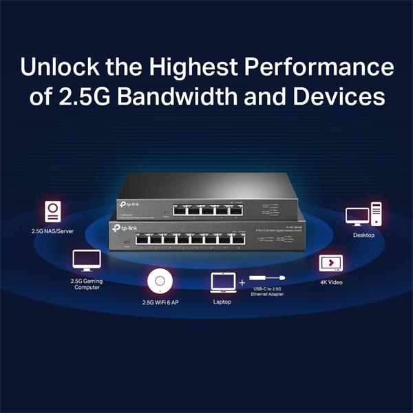 5-Port 2.5G Multi-Gigabit Desktop Switch PORT: 5× 2.5G RJ45 Ports SPEC: Desktop Steel Case FEATURE: Plug and Play 