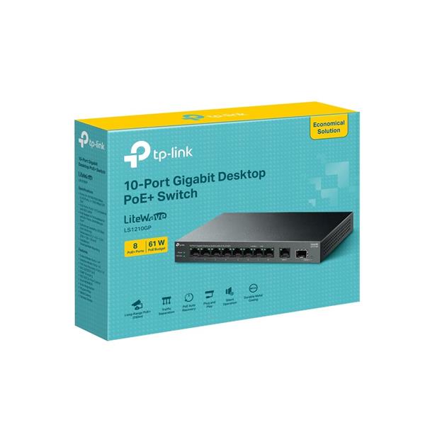 10-Port Gigabit Desktop Switch with 8-Port PoE+ PORT: 8× Gigabit PoE+ Ports, 1x Gigabit Non-PoE Port, 1× Gigabit SFP Slo 