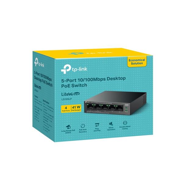 TP-LINK "5-Port 10/100 Mbps Desktop Switch with 4-Port PoEPORT: 4× 10/100 Mbps PoE Ports, 1× 10/100 Mbps Non-PoE PortS 