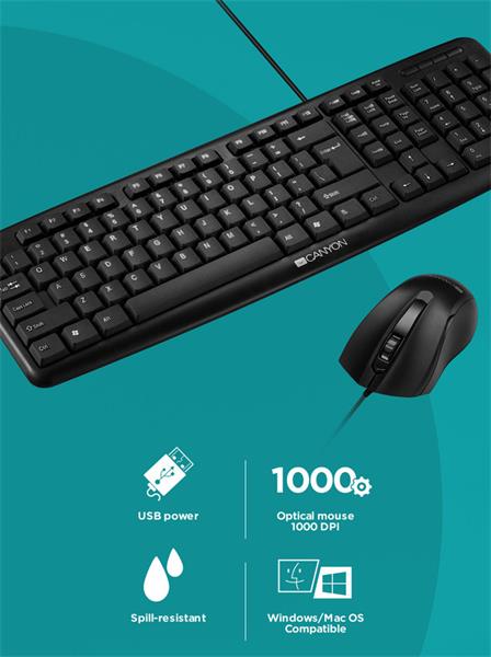 Canyon SET-1,  klávesnica, USB, plnohodnotná. SK/CZ, vodeodolná + optická myš 1.000 dpi,, čierne  
