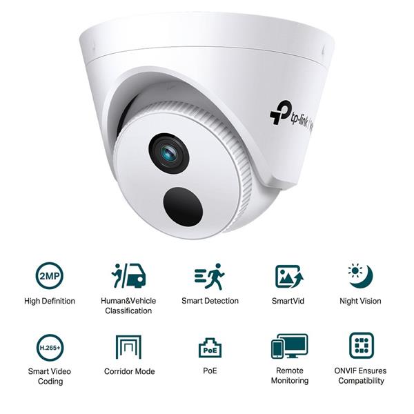 2MP Turret Network Camera SPEC: H.265+/H.265/H.264+/H.264, 1/3" Progressive Scan CMOS, Color/0.01 Lux@F2.0, 0 Lux with I 