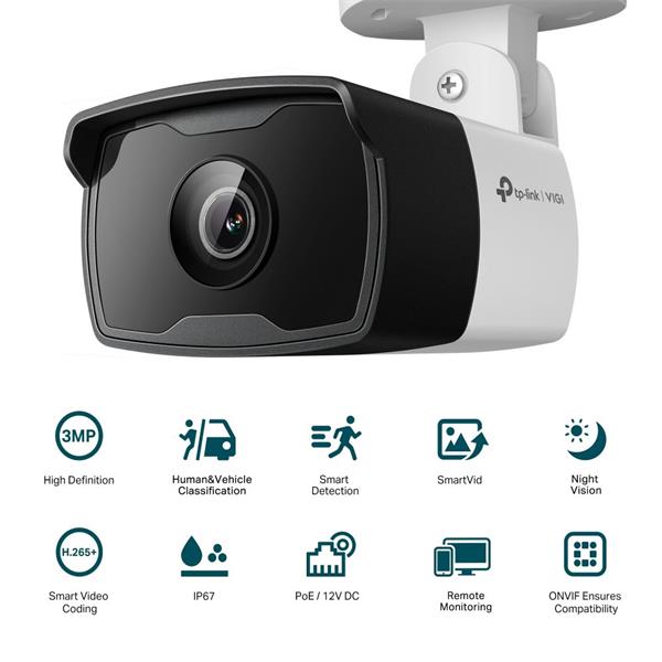 3MP Outdoor Bullet Network Camera SPEC: H.265+/H.265/H.264+/H.264, 1/2.8" Progressive Scan CMOS, Color/0.01 Lux@F2.0, 0  