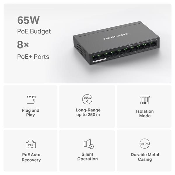 NV Version is suitabe for customers who"s voltage input is between 220V-240V"10-Port 10/100Mbps Desktop Switch with 8-Po 