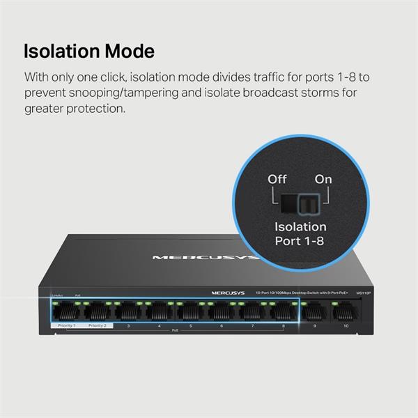 NV Version is suitabe for customers who"s voltage input is between 220V-240V"10-Port 10/100Mbps Desktop Switch with 8-Po 