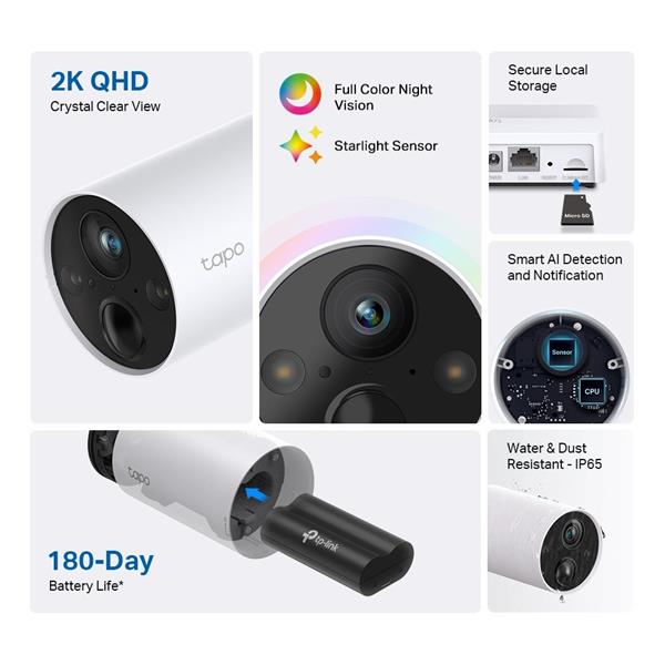 Smart Wire-Free Security Camera SPEC: 2K QHD (2560x1440), 2.4 GHz, 5200mAh rechargeable lithium-ion battery FEATURE: 180 