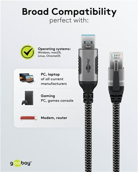 Kábel USB A 3.0 na RJ45 (Gigabit Ethernet), 1m, čierny sivý 