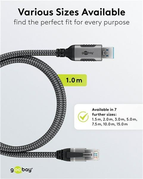Kábel USB A 3.0 na RJ45 (Gigabit Ethernet), 1m, čierny sivý 