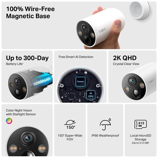 TP-LINK "Smart Wire-Free Security CameraSPEC:2K QHD (2560x1440), 2.4 GHz, 10000mAh rechargeable lithium-ion batteryFEA 