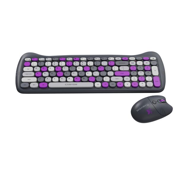 Canyon SET-W6, Kitty Edition, Wireless bezdrôtové combo - multimed. klávesnica, SK/CZ + opt. myš až 1600 dpi, fialová 