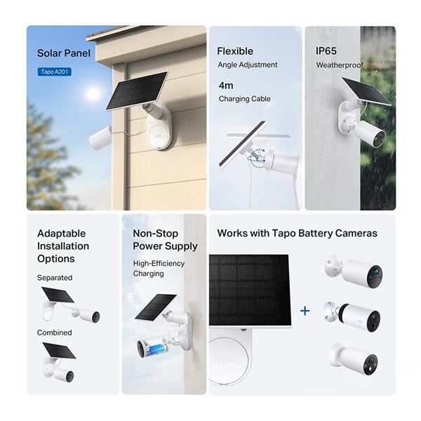 "Tapo Solar Panel SPEC: 5.2V 2.5W FEATURE: Type-C Charging Port, Non-Stop Power,  Flexible Solar Installation, Works wit 