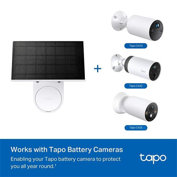 "Tapo Solar Panel SPEC: 5.2V 2.5W FEATURE: Type-C Charging Port, Non-Stop Power,  Flexible Solar Installation, Works wit 