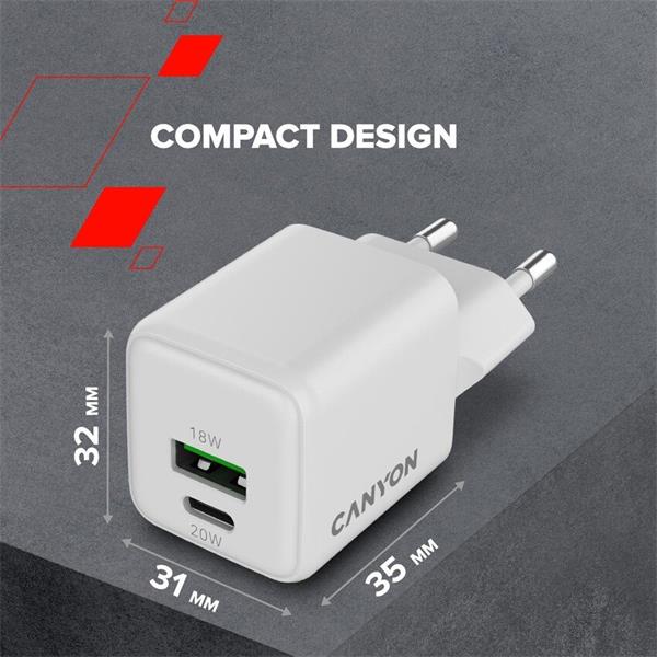 Canyon CU20AC vysokorýchlostná kompaktná univerzálna nabíjačka do steny 1x USB-C 20W, 1x USB-A 18W 