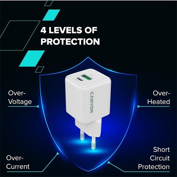 Canyon CU20AC vysokorýchlostná kompaktná univerzálna nabíjačka do steny 1x USB-C 20W, 1x USB-A 18W 