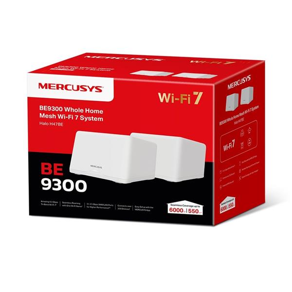 BE9300 Whole Home Mesh Wi-Fi 7 System SPEED: 574 Mbps at 2.4 GHz + 2880 Mbps at 5 GHz + 5760 Mbps at 6 GHz SPEC: Interna 
